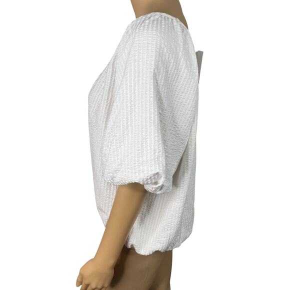LOFT NWT White V-neck Crinkle Seersucker Peasant Top SZ L - Picture 8 of 11